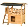 Indoor/Outdoor Cat House 2-Story Wooden Kitten Condo With Balcony Roof