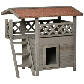 Indoor/Outdoor Cat House 2-Story Wooden Kitten Condo With Balcony Roof (Color: Light Grey, size: 30"x20"x29")