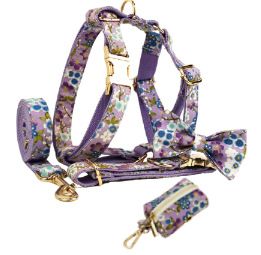 Purple And Wind Floral Dog Collar Hand Holding Rope Metal Bandana Bow Strap Out Shit Bag (Option: 5sets-XS)